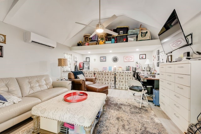 14213 Clark Dr, Streetman, TX 75859 - living area with a wall mounted air conditioner, light wood-type flooring, lofted ceiling, and a ceiling fan