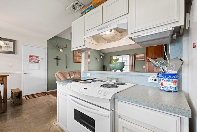 1105 Ashwood Ct, Cleburne, TX 76033 - kitchen featuring white electric range oven, under cabinet range hood, white cabinetry, and light countertops