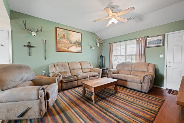 1105 Ashwood Ct, Cleburne, TX 76033 - living area featuring lofted ceiling, a ceiling fan, and wood finished floors