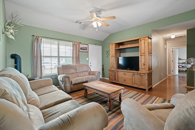 1105 Ashwood Ct, Cleburne, TX 76033 - living room featuring ceiling fan, lofted ceiling, wood finished floors, and baseboards