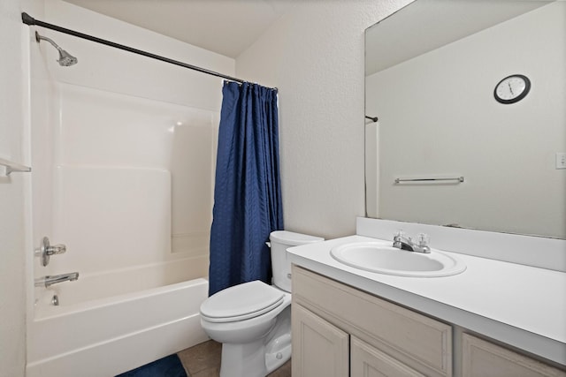 1105 Ashwood Ct, Cleburne, TX 76033 - bathroom with vanity, toilet, shower / bathtub combination with curtain, and tile patterned floors