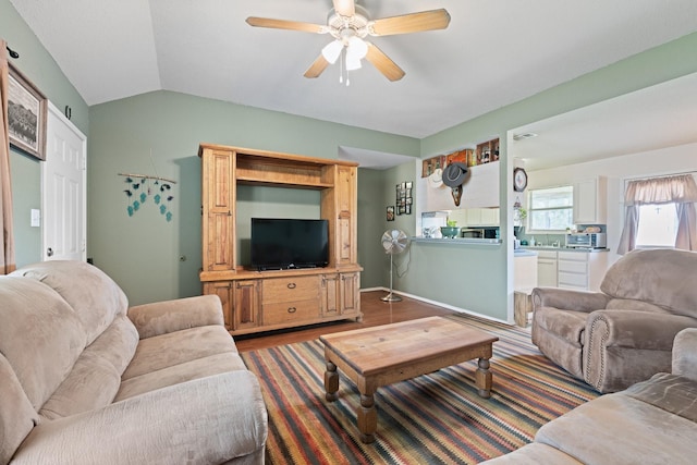 1105 Ashwood Ct, Cleburne, TX 76033 - living room featuring ceiling fan and vaulted ceiling