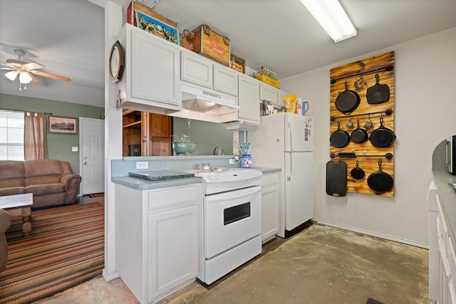 1105 Ashwood Ct, Cleburne, TX 76033 - kitchen featuring white appliances, under cabinet range hood, concrete flooring, ceiling fan, and white cabinets