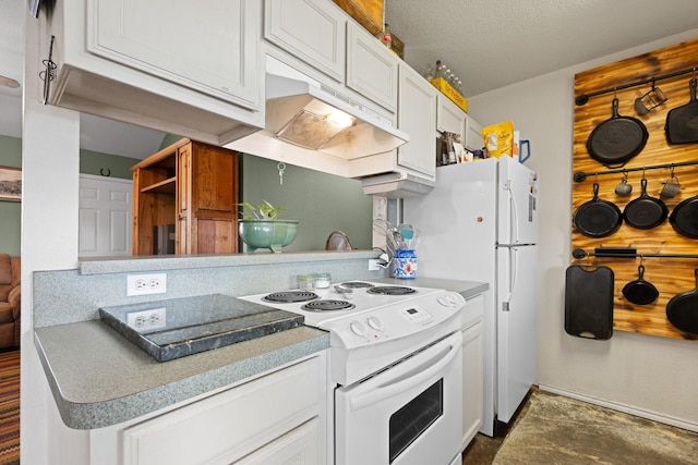 1105 Ashwood Ct, Cleburne, TX 76033 - kitchen featuring electric range, white cabinets, under cabinet range hood, and light countertops