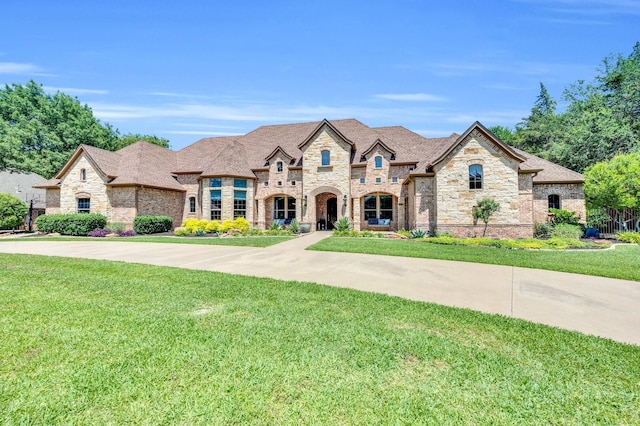 4340 Powers Branch Dr, Midlothian, TX 76065 - french country home with a front lawn, stone siding, brick siding, and roof with shingles