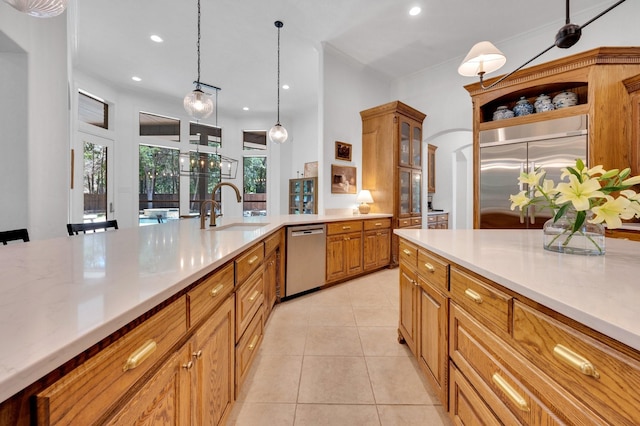 4340 Powers Branch Dr, Midlothian, TX 76065 - kitchen featuring appliances with stainless steel finishes, decorative light fixtures, recessed lighting, open shelves, and light tile patterned floors