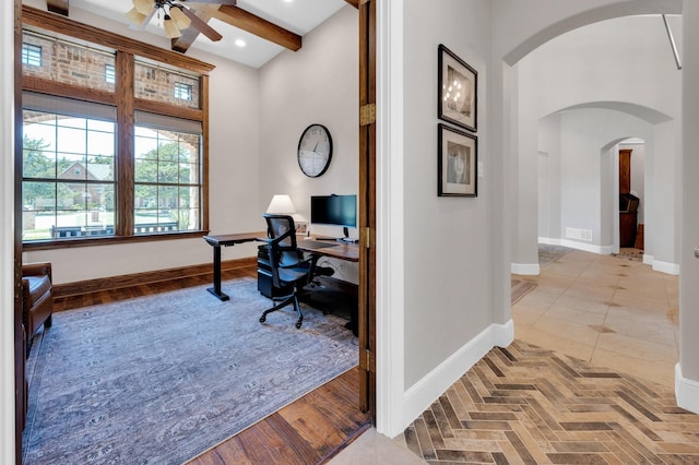 4340 Powers Branch Dr, Midlothian, TX 76065 - office area featuring arched walkways, a ceiling fan, a towering ceiling, beam ceiling, and recessed lighting
