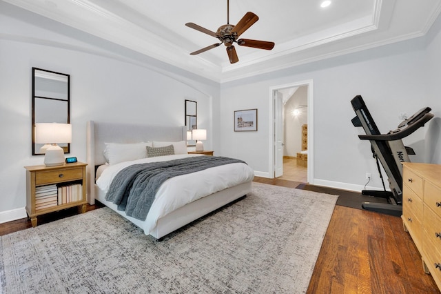 4340 Powers Branch Dr, Midlothian, TX 76065 - bedroom with a raised ceiling, ornamental molding, dark wood finished floors, recessed lighting, and ensuite bath