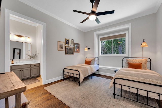 4340 Powers Branch Dr, Midlothian, TX 76065 - bedroom with wood finished floors, crown molding, ensuite bathroom, and a ceiling fan