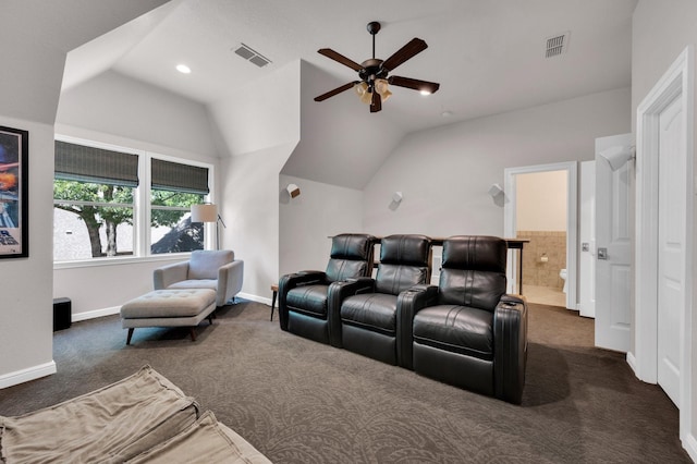 4340 Powers Branch Dr, Midlothian, TX 76065 - carpeted home theater featuring vaulted ceiling and ceiling fan
