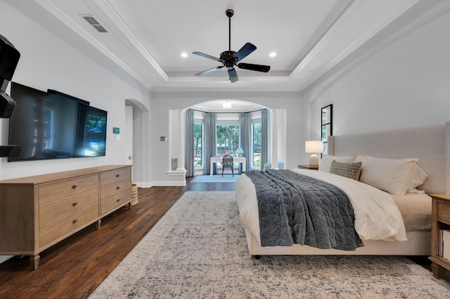 4340 Powers Branch Dr, Midlothian, TX 76065 - bedroom featuring arched walkways, a tray ceiling, access to exterior, dark wood-style floors, and ornamental molding