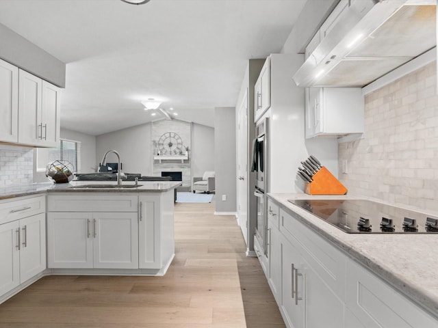 1507 Summertree Ct, Richardson, TX 75082 - kitchen featuring black electric cooktop, exhaust hood, a sink, open floor plan, and a fireplace