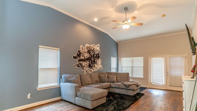 2231 Cobblestone Ct, Granbury, TX 76049 - living area with vaulted ceiling, ornamental molding, wood finished floors, a ceiling fan, and baseboards