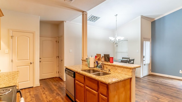 2231 Cobblestone Ct, Granbury, TX 76049 - kitchen with stainless steel dishwasher, a sink, crown molding, dark wood-style floors, and brown cabinets