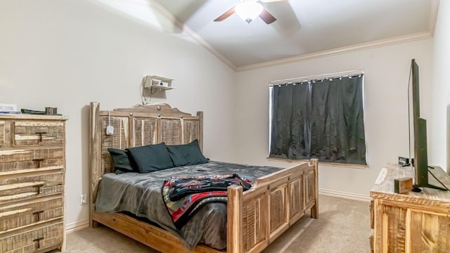 2231 Cobblestone Ct, Granbury, TX 76049 - bedroom featuring light carpet, ornamental molding, baseboards, and ceiling fan