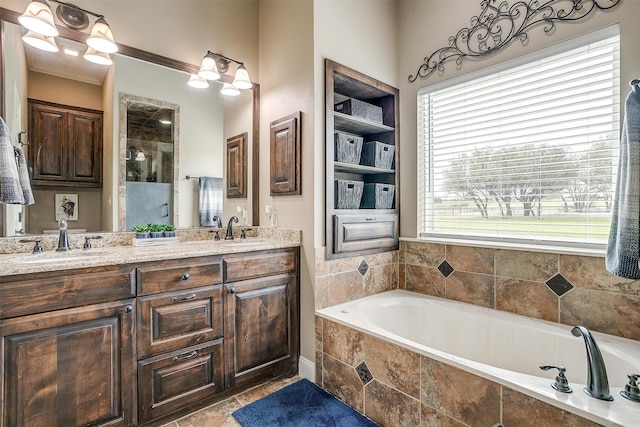 3930 Old Springtown Rd, Weatherford, TX 76085 - full bathroom with a bath, a shower stall, double vanity, and ornamental molding