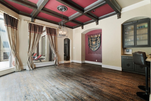 1608 Rivercrest Ct, Fort Worth, TX 76107 - unfurnished living room featuring arched walkways, coffered ceiling, beam ceiling, ornamental molding, and baseboards