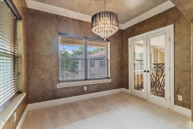 1608 Rivercrest Ct, Fort Worth, TX 76107 - spare room featuring french doors, carpet floors, baseboards, a chandelier, and crown molding