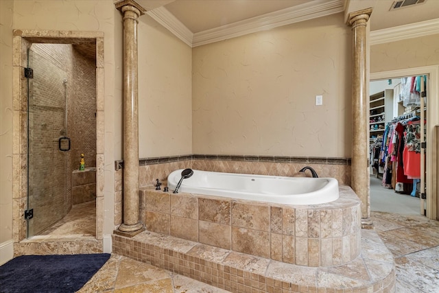 1608 Rivercrest Ct, Fort Worth, TX 76107 - full bath featuring a garden tub, crown molding, a stall shower, ornate columns, and a walk in closet
