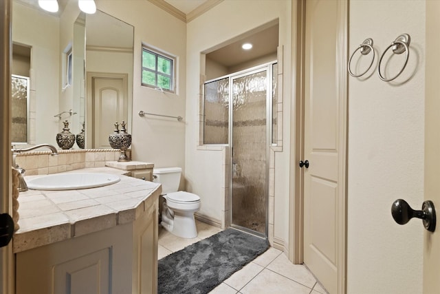 1608 Rivercrest Ct, Fort Worth, TX 76107 - bathroom featuring a shower stall, vanity, toilet, tile patterned floors, and ornamental molding