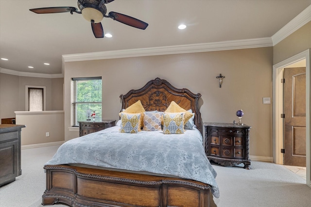 1608 Rivercrest Ct, Fort Worth, TX 76107 - carpeted bedroom with crown molding, baseboards, recessed lighting, and a ceiling fan