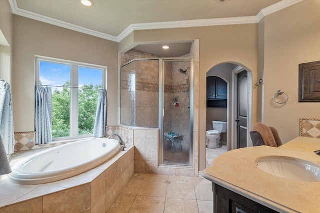 1608 Rivercrest Ct, Fort Worth, TX 76107 - bathroom featuring crown molding, a bath, a stall shower, toilet, and vanity