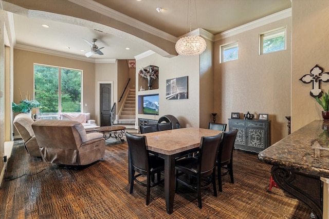1608 Rivercrest Ct, Fort Worth, TX 76107 - dining space with stairs, plenty of natural light, ornamental molding, a chandelier, and ceiling fan