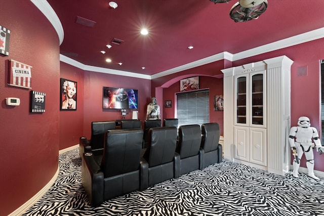 1608 Rivercrest Ct, Fort Worth, TX 76107 - carpeted home theater room with ornamental molding, baseboards, and recessed lighting