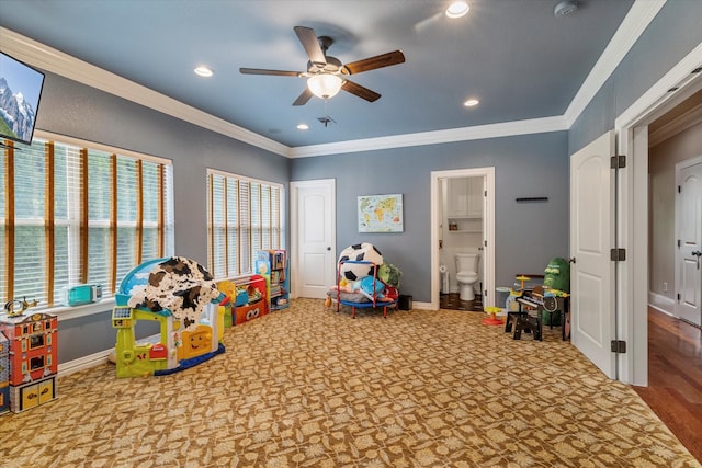 1608 Rivercrest Ct, Fort Worth, TX 76107 - recreation room with baseboards, a ceiling fan, ornamental molding, recessed lighting, and carpet flooring