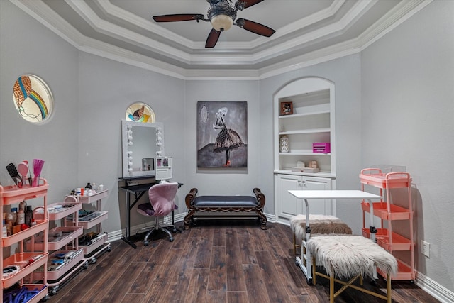 1608 Rivercrest Ct, Fort Worth, TX 76107 - home office with a raised ceiling, crown molding, dark wood finished floors, ceiling fan, and baseboards
