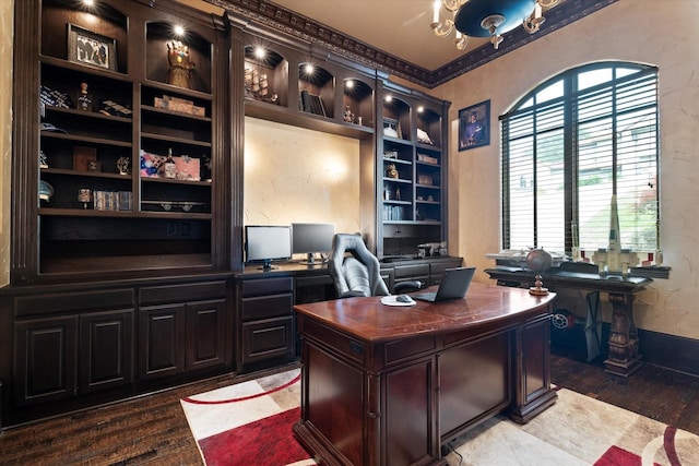 1608 Rivercrest Ct, Fort Worth, TX 76107 - office area featuring dark wood-type flooring, a textured wall, and built in features