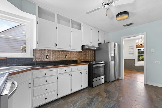 3819 Hubby Ave, Waco, TX 76710 - kitchen featuring appliances with stainless steel finishes, under cabinet range hood, white cabinetry, decorative backsplash, and ceiling fan