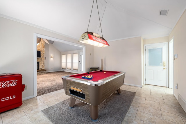 2126 Los Robles St, Grapevine, TX 76051 - playroom with billiards, baseboards, a fireplace, and high vaulted ceiling