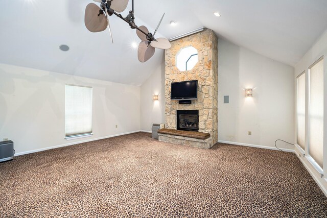 2126 Los Robles St, Grapevine, TX 76051 - unfurnished living room with carpet flooring, a fireplace, baseboards, and high vaulted ceiling