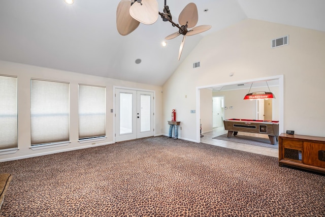2126 Los Robles St, Grapevine, TX 76051 - interior space featuring pool table, high vaulted ceiling, ceiling fan, carpet, and french doors