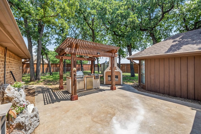 2126 Los Robles St, Grapevine, TX 76051 - fenced backyard featuring a pergola, a patio, and a grill