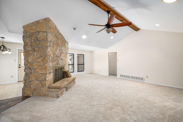 2126 Los Robles St, Grapevine, TX 76051 - unfurnished living room with ceiling fan, a stone fireplace, baseboards, carpet, and recessed lighting