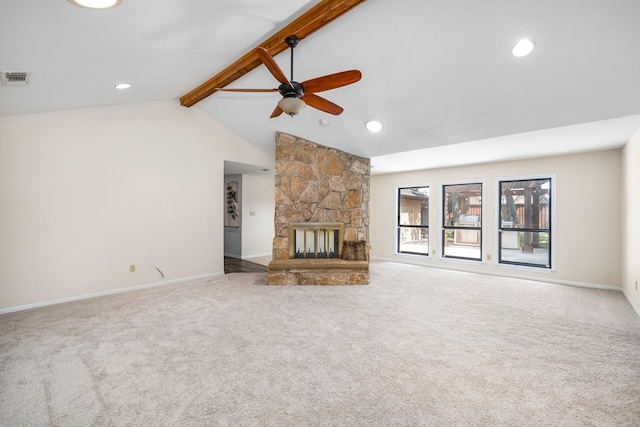 2126 Los Robles St, Grapevine, TX 76051 - unfurnished living room with ceiling fan, carpet, a stone fireplace, baseboards, and recessed lighting