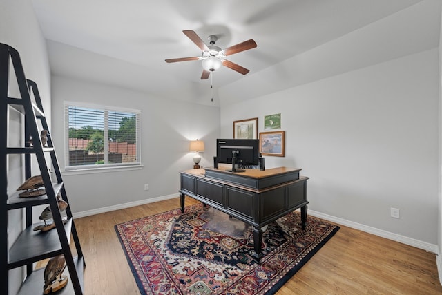 232 Skystone Dr, Irving, TX 75038 - office area featuring a ceiling fan, light wood finished floors, and baseboards