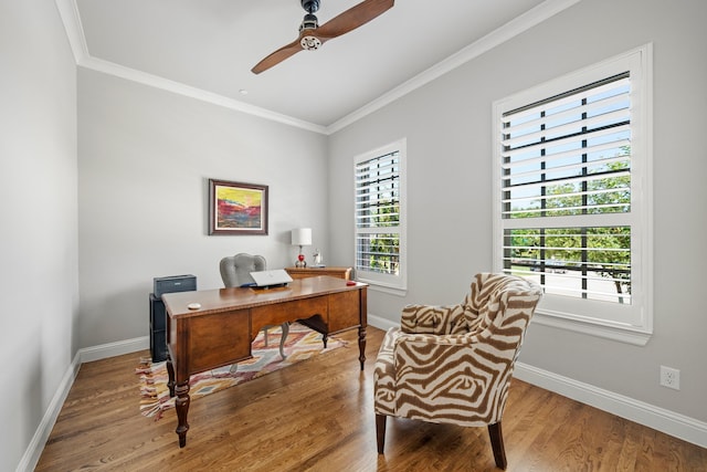 232 Skystone Dr, Irving, TX 75038 - office featuring a ceiling fan, ornamental molding, wood finished floors, and baseboards