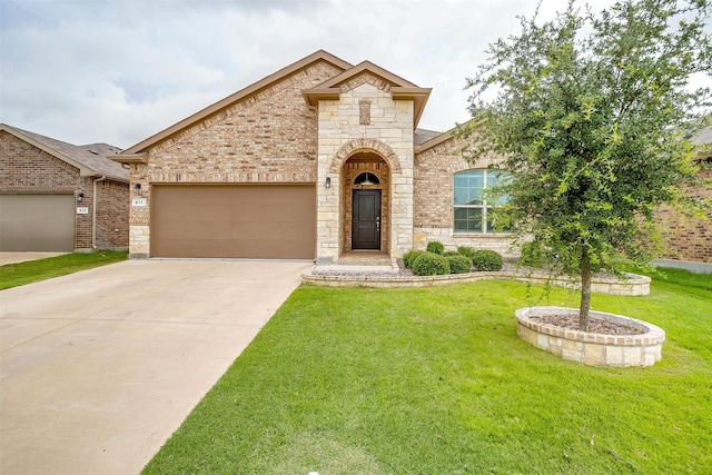 817 Nicole Way, Fort Worth, TX 76028 - french provincial home with concrete driveway, a front yard, a garage, and stone siding