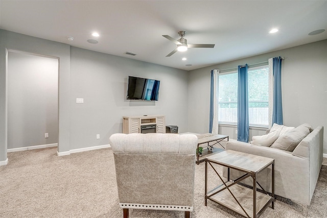 817 Nicole Way, Fort Worth, TX 76028 - living room with light colored carpet, ceiling fan, baseboards, and recessed lighting