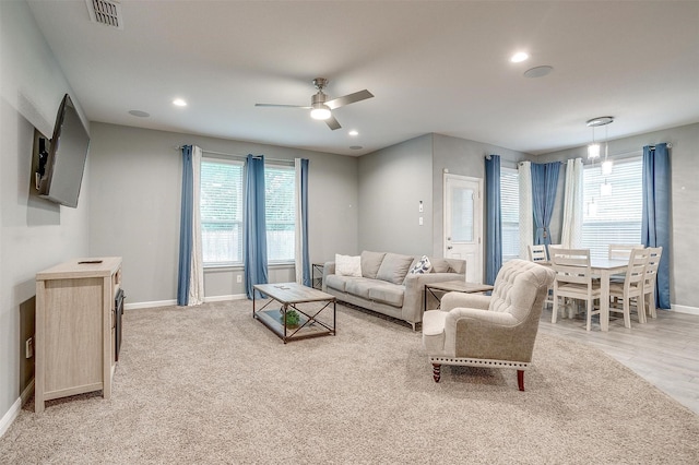 817 Nicole Way, Fort Worth, TX 76028 - living room featuring ceiling fan, baseboards, plenty of natural light, and recessed lighting