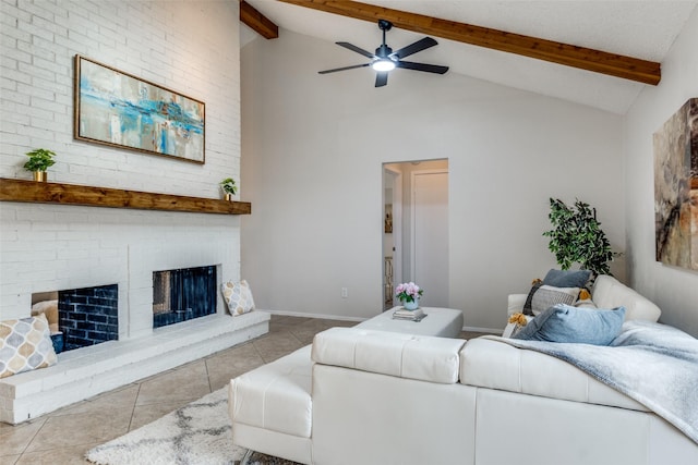 4000 Via Plata, Mesquite, TX 75150 - living area featuring a ceiling fan, tile patterned flooring, beamed ceiling, high vaulted ceiling, and a fireplace