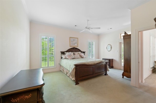 2004 Kodiak Ct, Arlington, TX 76013 - bedroom featuring multiple windows, light carpet, ornamental molding, and ceiling fan