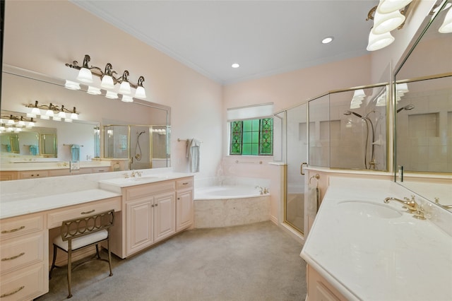 2004 Kodiak Ct, Arlington, TX 76013 - bathroom featuring a stall shower, two vanities, a bath, crown molding, and recessed lighting