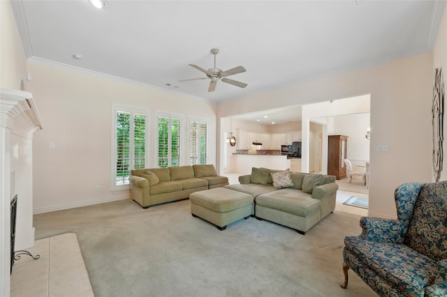 2004 Kodiak Ct, Arlington, TX 76013 - living area with ornamental molding, a ceiling fan, a fireplace with flush hearth, light colored carpet, and recessed lighting