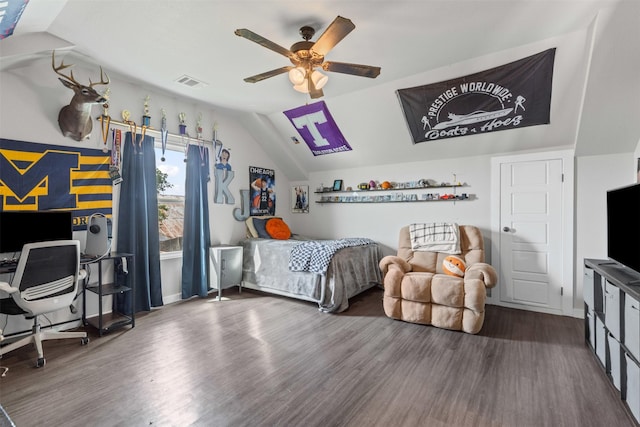 243 Fm 203, Walnut Springs, TX 76690 - bedroom featuring vaulted ceiling, wood finished floors, an office area, baseboards, and ceiling fan