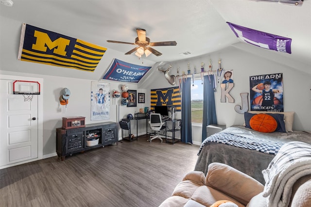 243 Fm 203, Walnut Springs, TX 76690 - bedroom featuring vaulted ceiling, wood finished floors, baseboards, a desk, and a ceiling fan