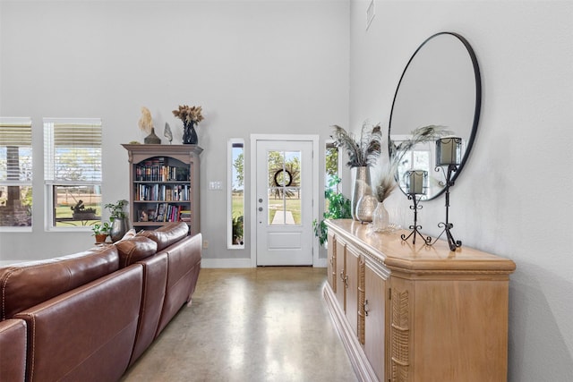 243 Fm 203, Walnut Springs, TX 76690 - foyer entrance featuring healthy amount of natural light, a high ceiling, finished concrete floors, and baseboards
